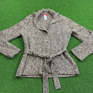 Y2K Anne Klein Marble Brown Chunky Sweater Belted Cardigan Sz L